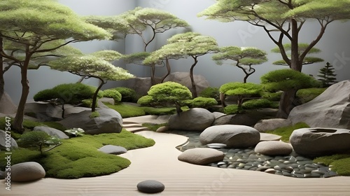 Minimalist Zen: A calm Japanese garden with carefully raked gravel and a lone bonsai plant, perfect for contemplation and meditation, is featured on an uncluttered wallpaper.