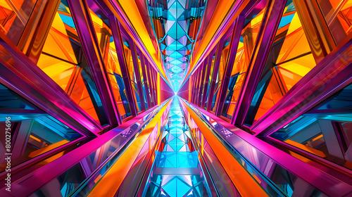 A photo-realistic depiction of a series of geometric shapes in a kaleidoscopic pattern, each segment glowing with intense, saturated colors, captured using precise camera techniques to highlight sharp photo