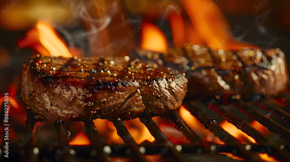 Sizzling steaks on a grill, one above and another below flames, with a closeup of meat against a flame-style background, for a barbecue scene. Sizzling steaks on a grill, one above and another below flames, with a closeup of meat against a flame-style background, for a barbecue scene.
