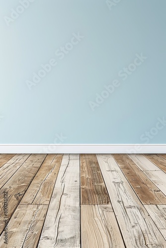 Vintage blue and white wall with copy space  room mockup  brown parquet flooring