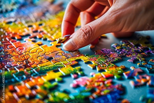 Person assembling jigsaw puzzle pieces, pleasure of seeing the end of a puzzle. Ai generated