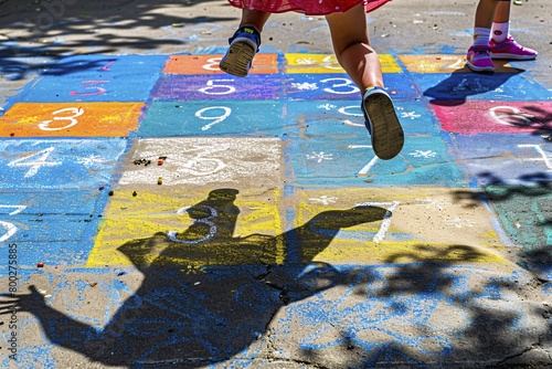AI generated illustration of a young girl jumping over hopscotch numbers in playful motion