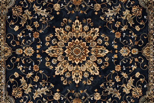 Detailed Persian carpet design in dark tones with intricate floral patterns and central golden motif