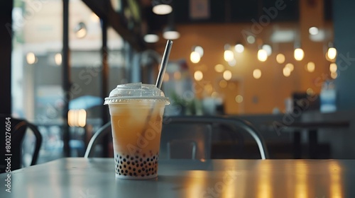 AI generated illustration of iced boba tea on a table near chairs