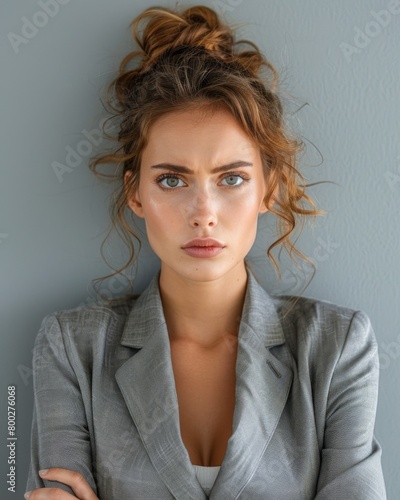 Stressed Businesswoman in Studio gray background