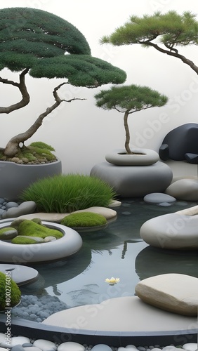 Minimalist Zen: A calm Japanese garden with carefully raked gravel and a lone bonsai plant, perfect for contemplation and meditation, is featured on an uncluttered wallpaper.