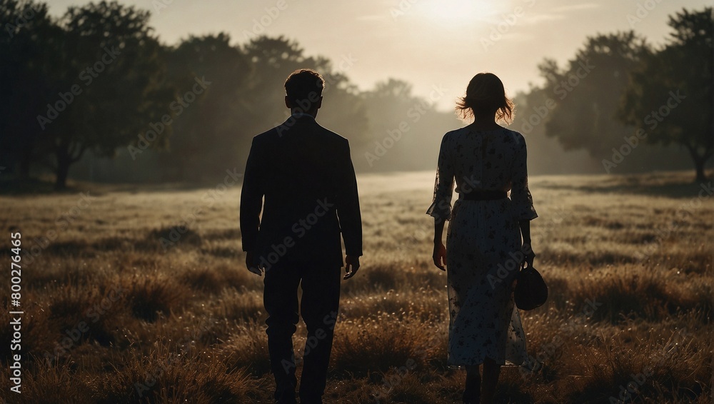 a man and a woman walk through an empty field towards the horizon
