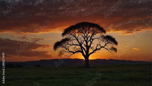 a tree in the grass and a dark sunset behind it