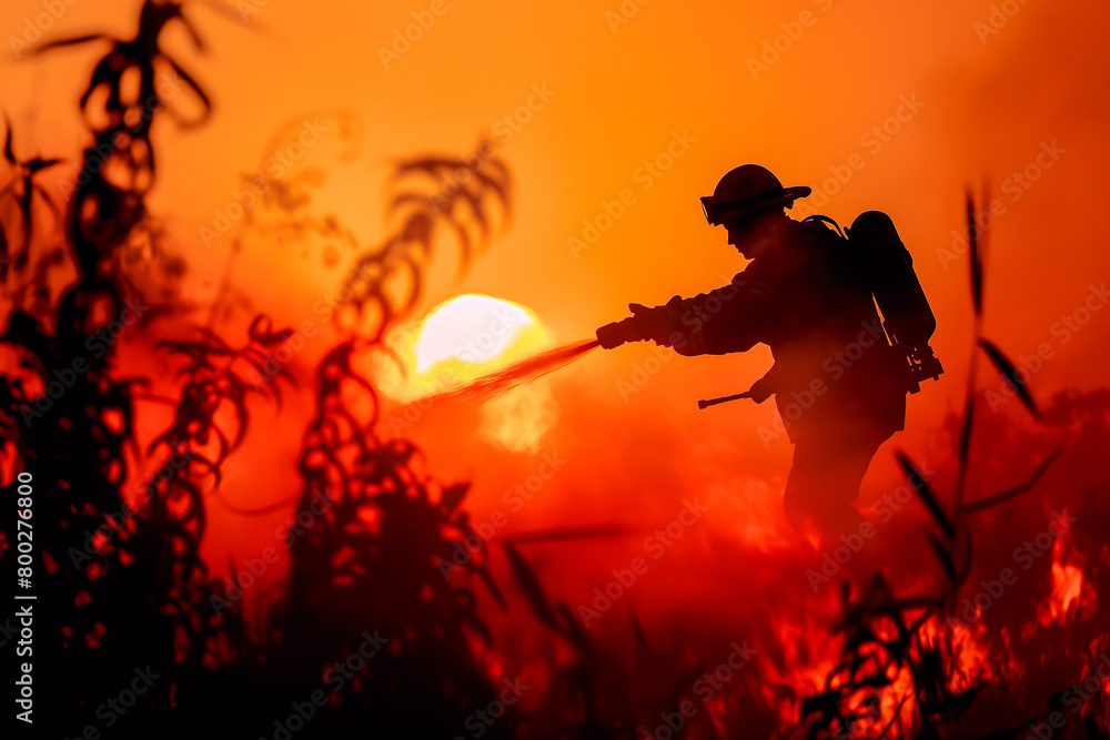 a man is holding a hose while working on the fire