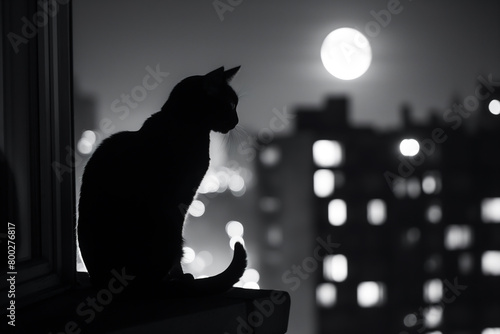 cat staring out a window at a full moon over a city