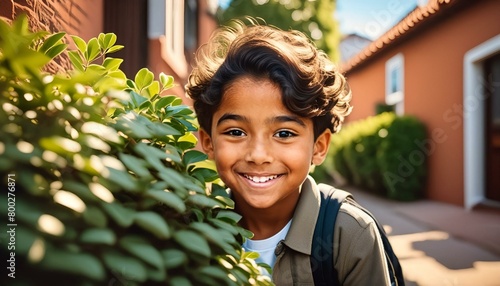 A mischievous young boy, Samir, playing a prank on a neighbor by hiding behind a bush. photo