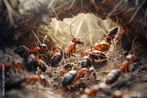 An action shot showing ants working together to build their colony entrance, dynamic angles, earth tones, high resolution, educational and detailed © ItziesDesign