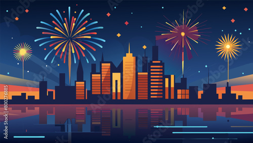 The night sky is illuminated by magnificent fireworks bursting and crackling above the citys waterfront reflected in the calm waters below.. Vector illustration