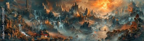 A beautiful landscape painting of a mountain valley with a river running through it. The mountains are covered in mist and the sun is rising over the horizon.