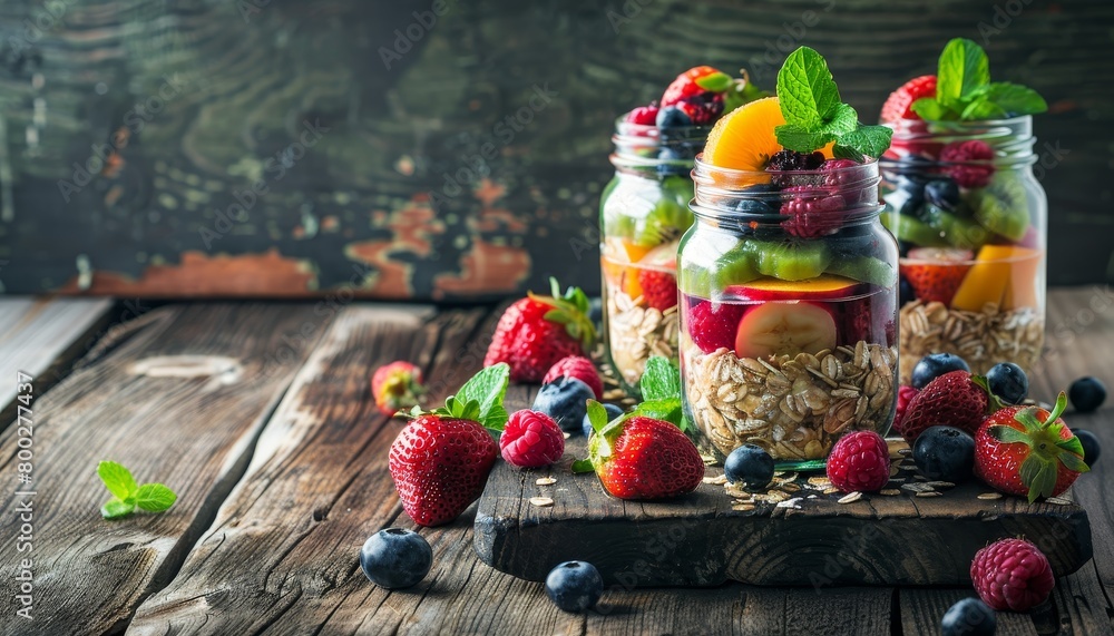 Overnight oats with fresh berries and fruits in glass jars on a wooden table