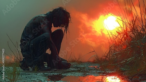 AI generated illustration of a man kneeling at sunset, head on water
