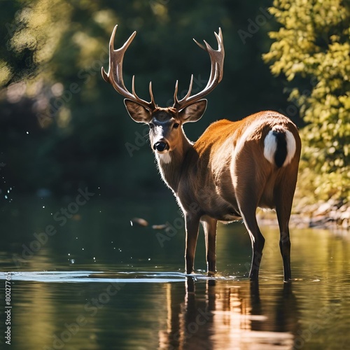 AI generated illustration of a deer with large antlers in water, gazing sideways