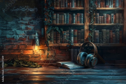 Headphones on an open book in the library, audiobook concept photo