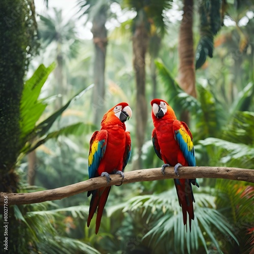 AI generated illustration of colorful parrots perched on a tree branch in a lush forest © Wirestock