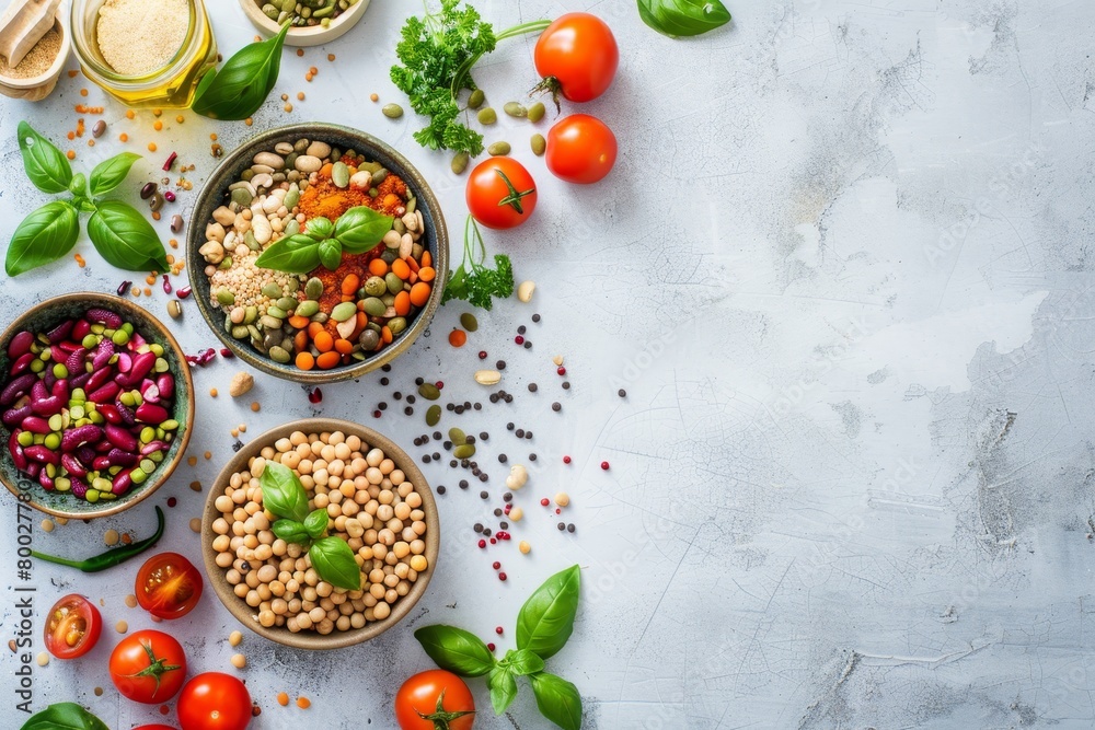 Plant based bowl on white background with plant leaves top view Vegan concept Plant based bowl on white background with plant leaves top view Vegan concept