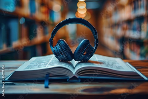 Headphones on an open book, audiobook concept photo