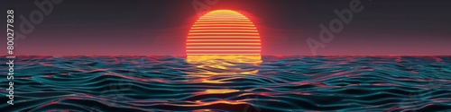 A retro sun rising over an ocean in the style of digital grid #800277828