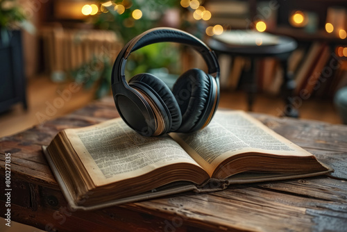 Headphones on a book, podcast or audiobook concept photo