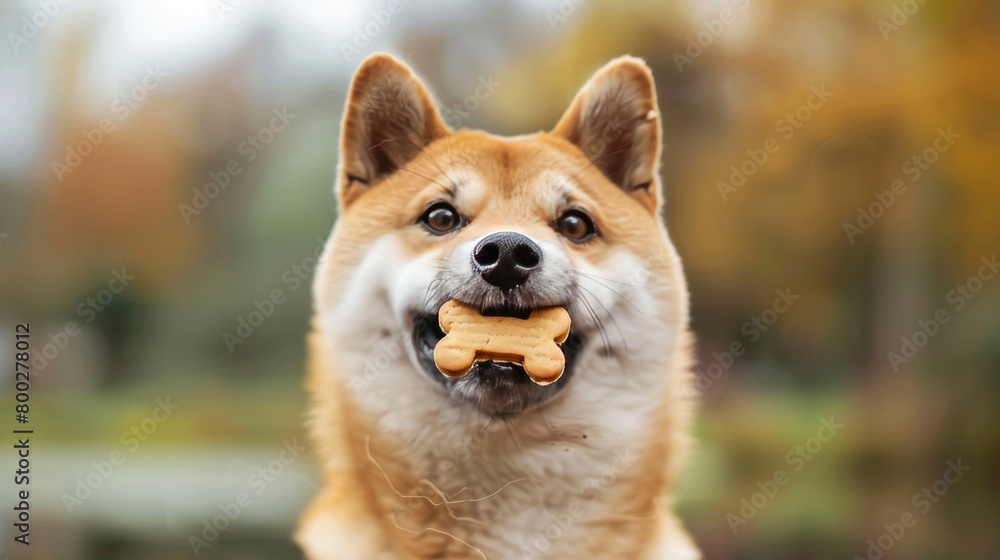 A Shiba Inu dog with its mouth open, holding one bone shaped cookie e in its teeth, looking at the camera on blurred background of a nature park