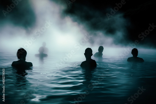 AI generated illustration of people sitting in a vast body of water with steam rising
