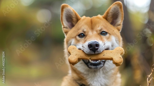 A Shiba Inu dog with its mouth open, holding one bone shaped cookie e in its teeth, looking at the camera on blurred background of a nature park photo