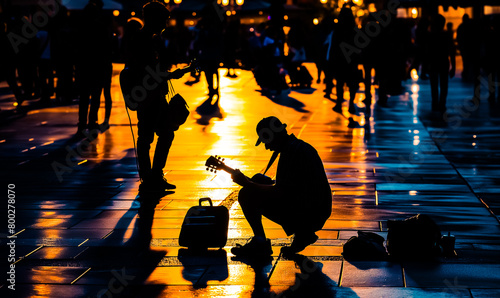 AI generated illustration of silhouettes of individuals busking with guitars on city sidewalk photo