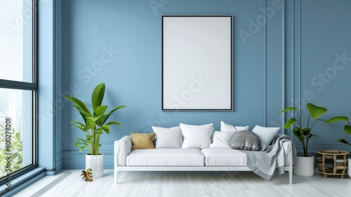 A simple living room with blue walls  white floor and sofa. A large blank picture frame is hanging on the wall