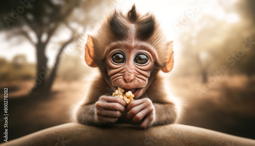 AI generated illustration of an adorable, whimsical creature with the face of a baby monkey photo