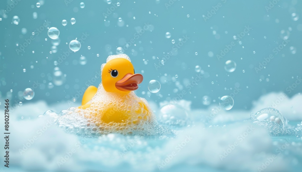 Playful rubber duck in a bubble bath light blue background with bubbles Kids spa and bath time concept Playful rubber duck in a bubble bath light blue background with bubbles Kids spa and bath time concept