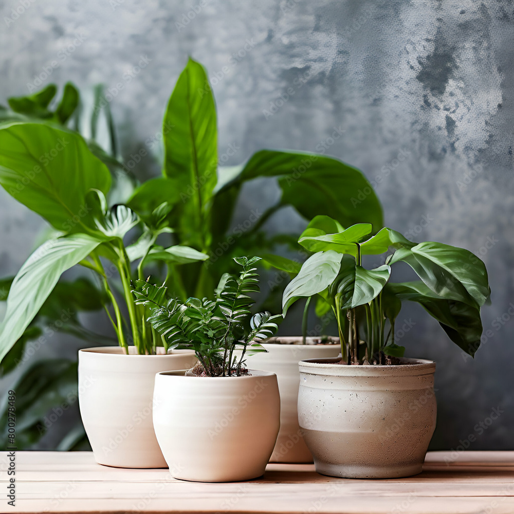 plant in pots with background concept blank space pottery planters stylish containers,ndoor potted plants in various shaped pots on grey background. Plant styling concept with,generate ai