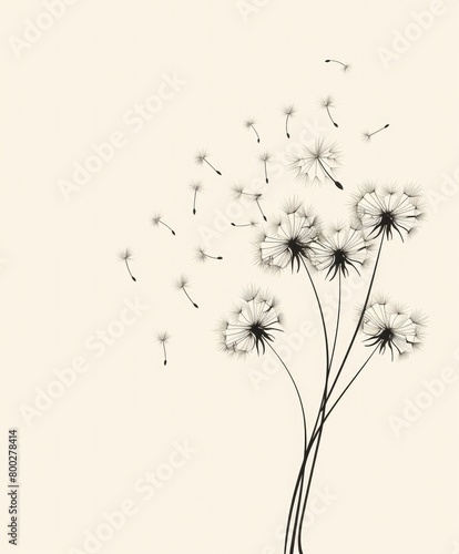 A graphic view of dandelions seeds blowing isolated on white background