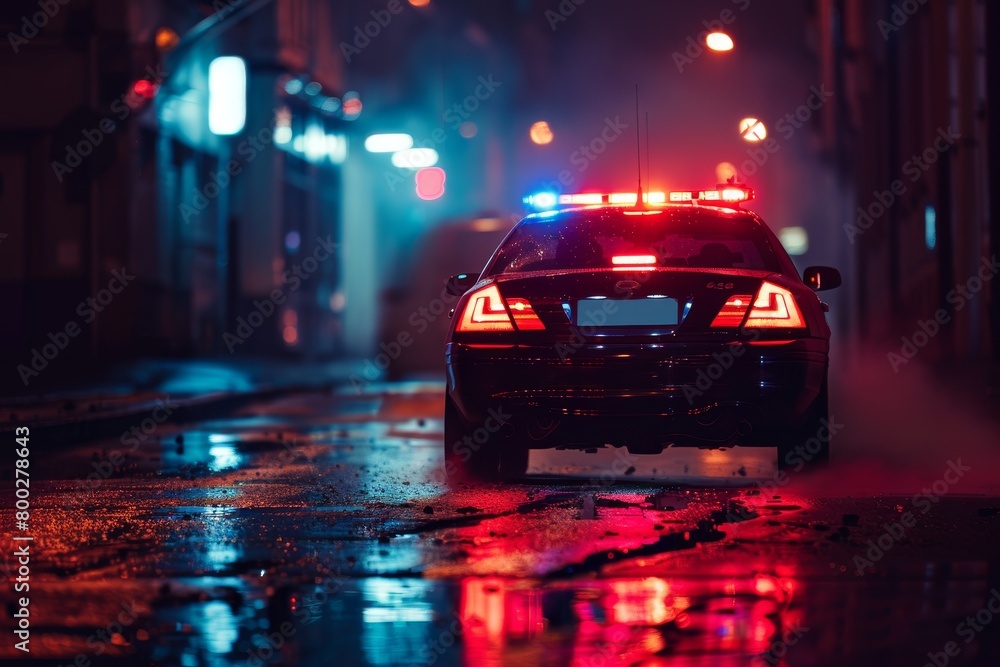 Fototapeta premium Police car on patrol with lights and siren during nighttime crime raid