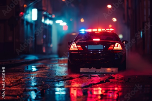 Police car on patrol with lights and siren during nighttime crime raid © LimeSky