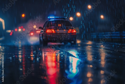 Police car s lights in night accident during rain