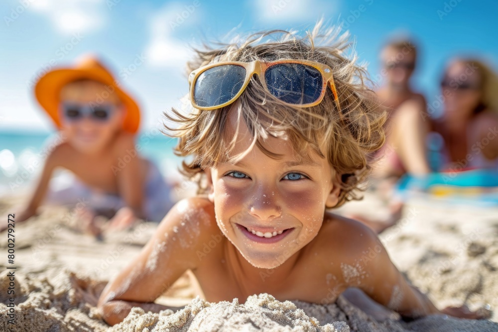 Boy child lies resting on the sand on the seashore Boy child lies resting on the sand on the seashore