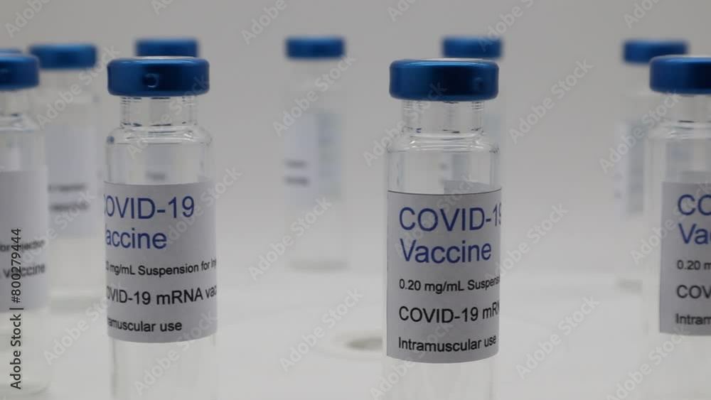 Transparent glass vials with Covid-19 Vaccine label sars-CoV2, on turntable, isolated on white background. Transparent glass vials with Covid-19 Vaccine label sars-CoV2, on turntable, isolated on white background.