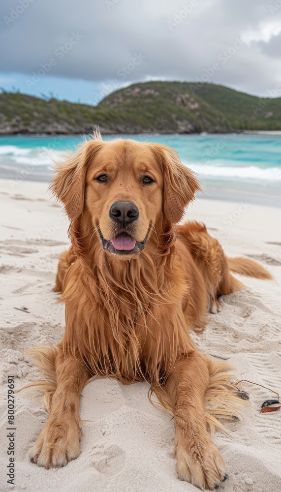 Adorable pedigree puppy relaxing on sandy tropical beach with ocean shore in summer