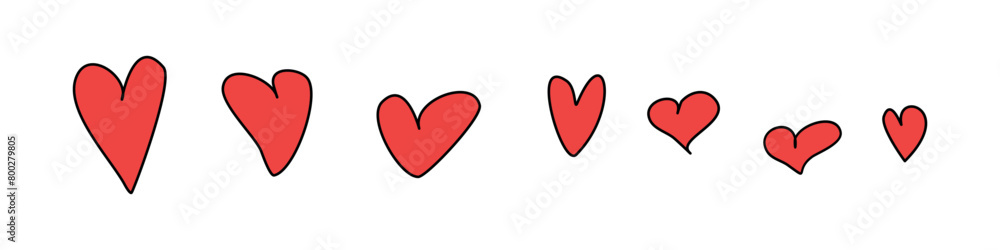 Set of red hearts in doodles style on white background. Vector hand drawn clip art, decoration for Valentine's day, love romantic design