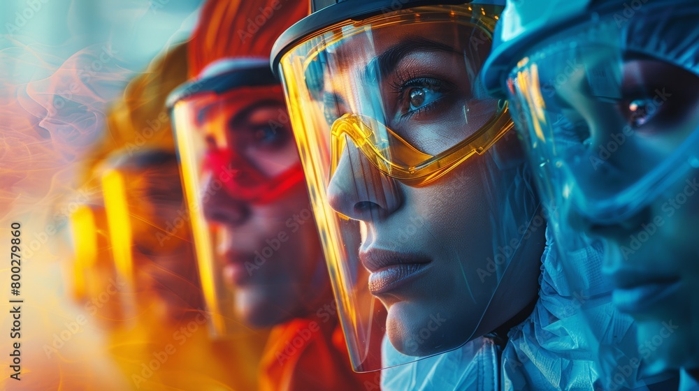 A bright and colorful background with diverse people wearing personal protective equipment (PPE) like goggles, gloves, and helmets. A bright and colorful background with diverse people wearing personal protective equipment (PPE) like goggles, gloves, and helmets.