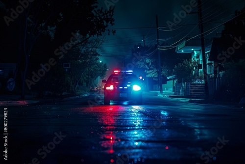 Police lights flashing in the darkness