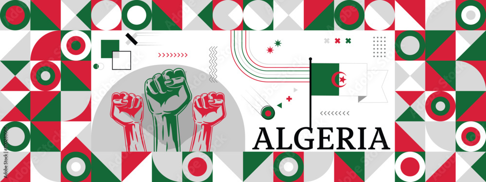 Flag and map of Algeria with raised fists. National day or Independence day design for Counrty celebration. Modern retro design with abstract icons. Vector illustration.