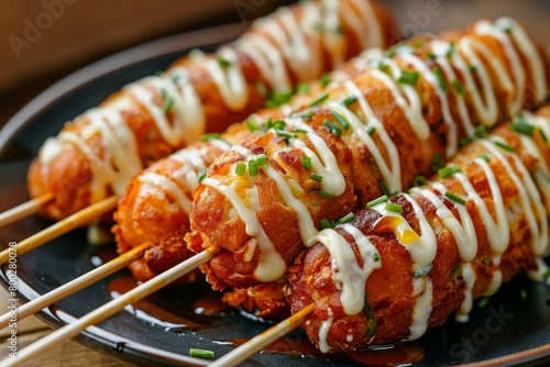 Popular Korean street food sausages or cheese on sticks deep fried