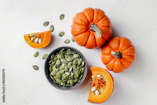 Pumpkin seeds in bowl with unshelled and shelled varieties isolated on white background