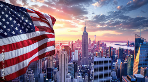 American flag on the background of New York, architecture, state, nation, symbol, USA, independence day, patriotism, freedom, building, city view, elections, America, stars, stripes, skyscrapers
