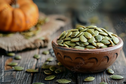 Pumpkin seeds in clay bowl on wooden background